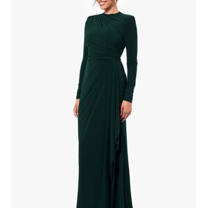 Betsy & Adam Emerald Green Long Sleeve Draped Gown Size 10 Elegant Formal Evenin